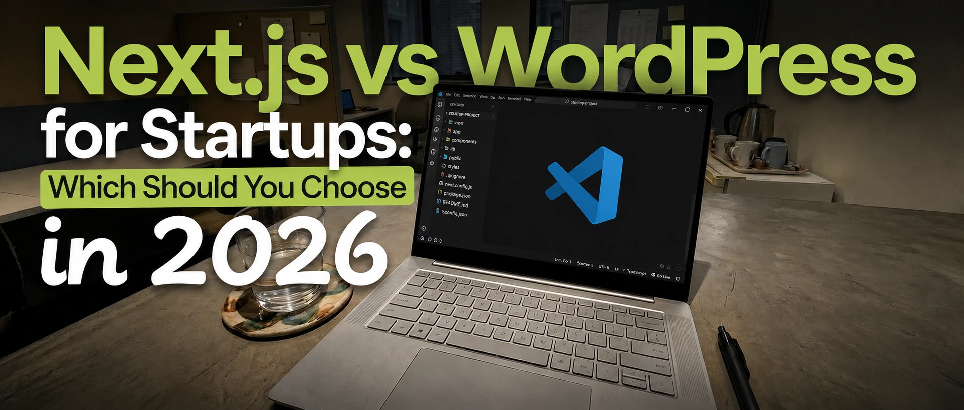 Comparison graphic showing Next.js versus WordPress for startup websites