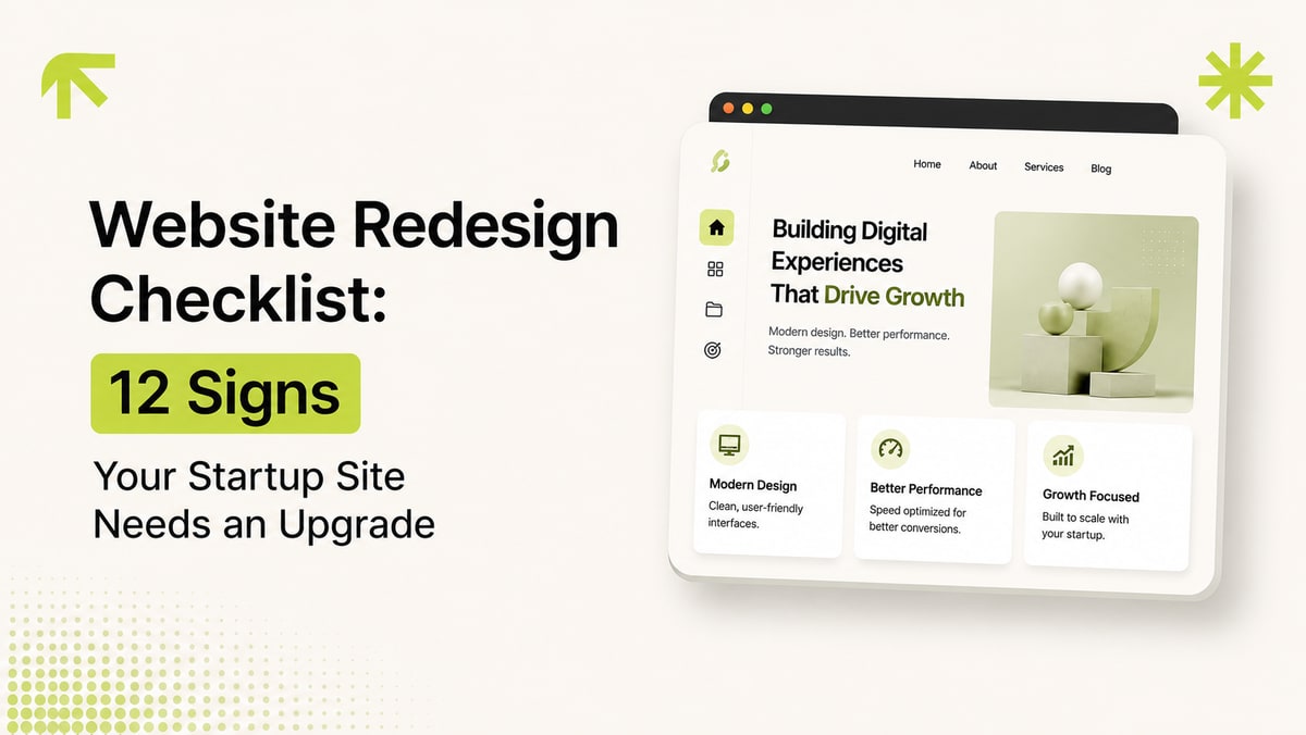 Checklist graphic listing 12 warning signs a startup website needs a redesign