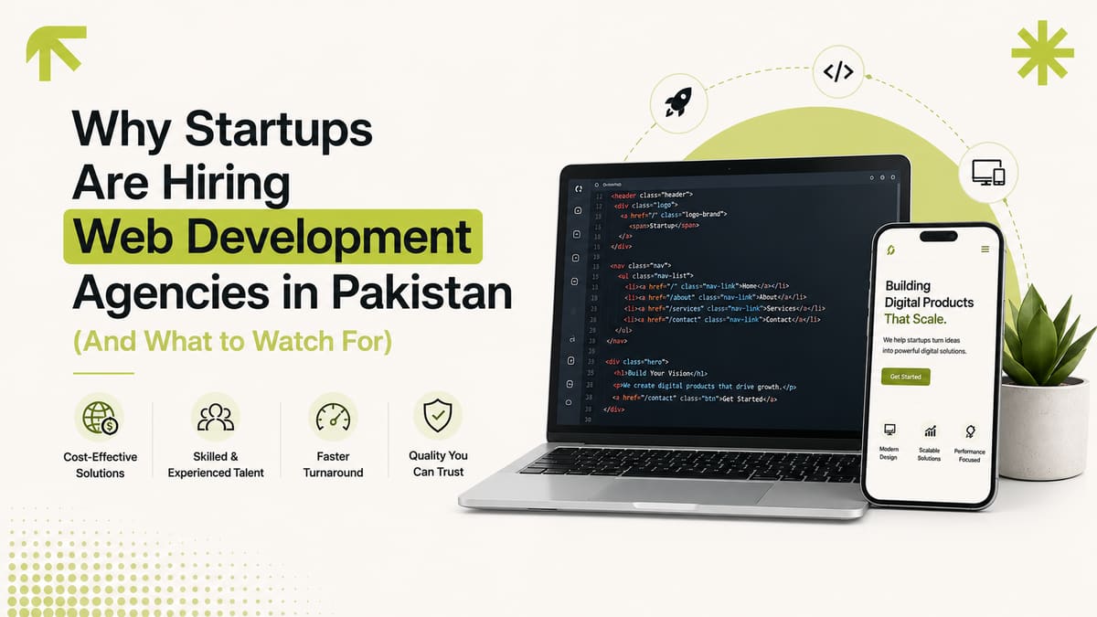 Illustration of a startup founder working remotely with a web development agency in Pakistan