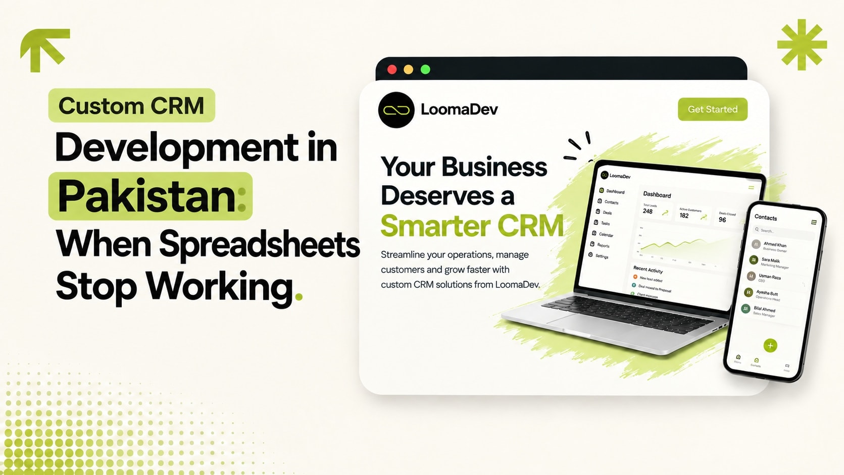 Dashboard illustration showing custom CRM development replacing spreadsheets for Pakistani businesses