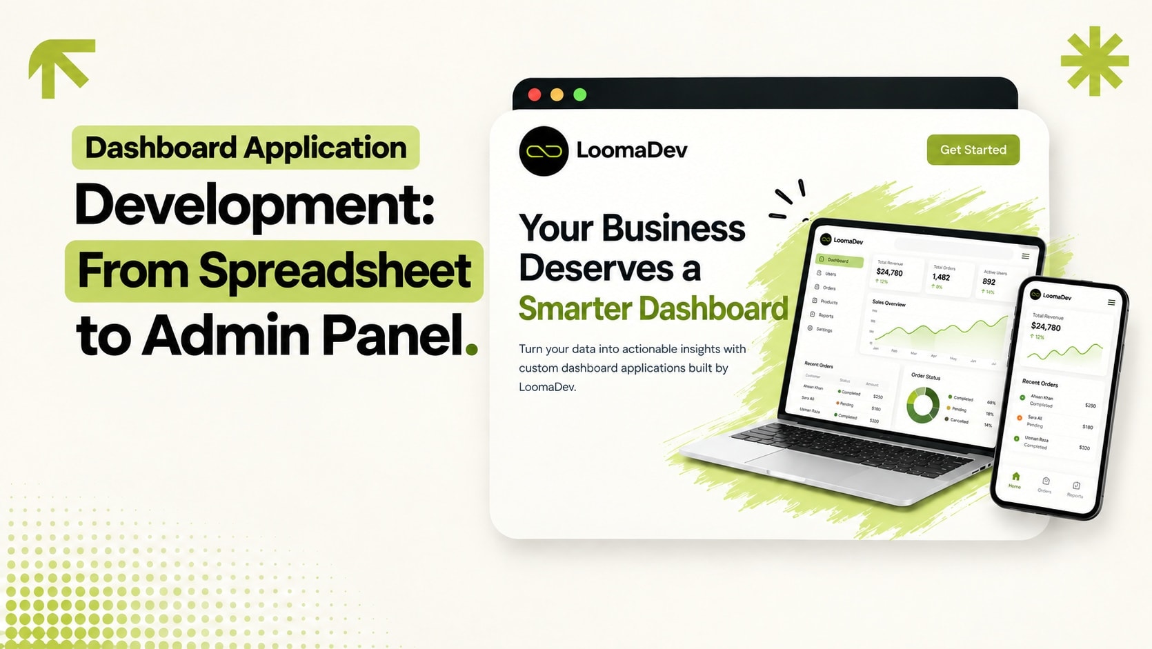 Dashboard application development illustration showing the move from spreadsheet to admin panel