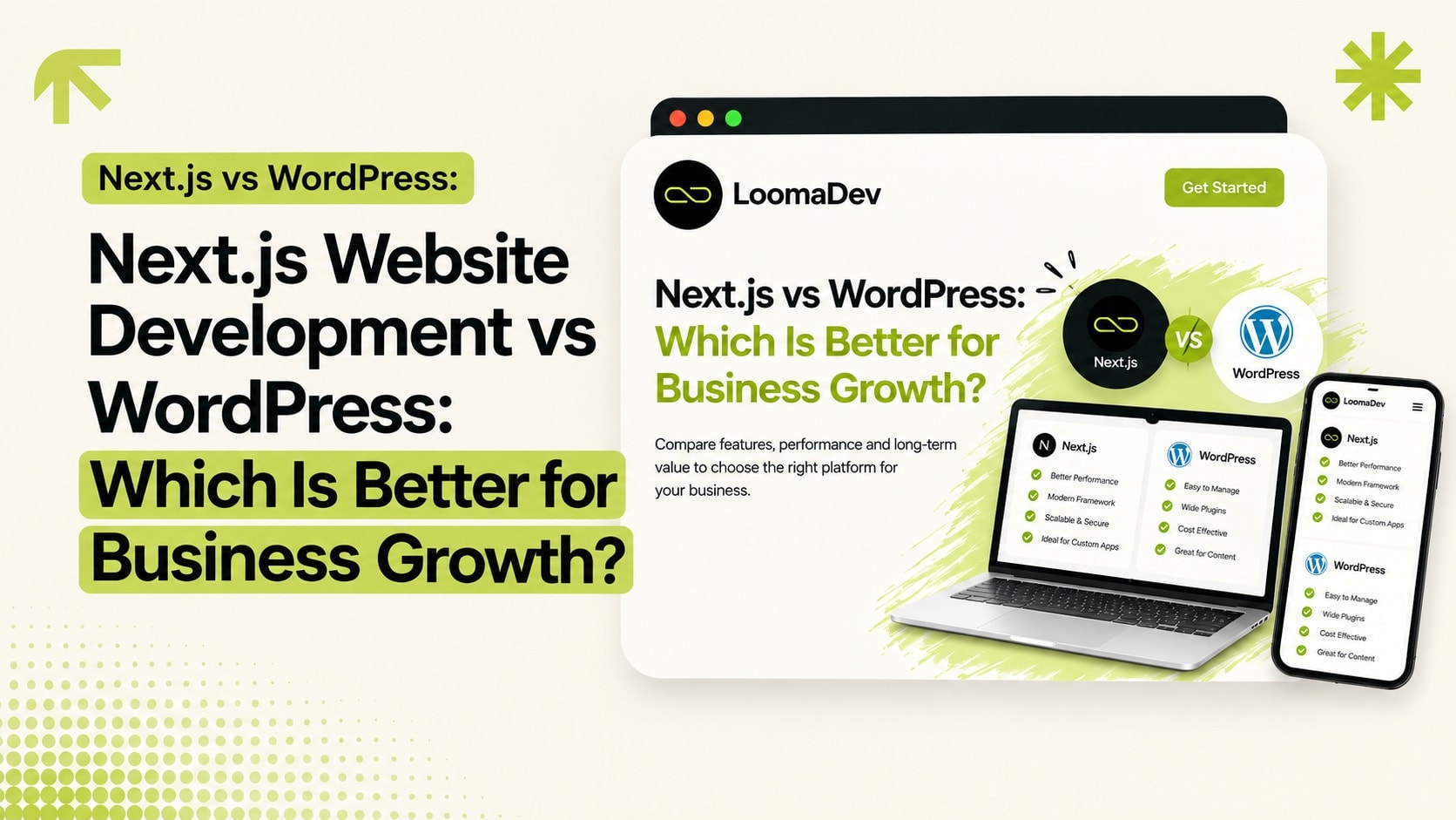 Comparison illustration of Next.js website development versus WordPress for business growth