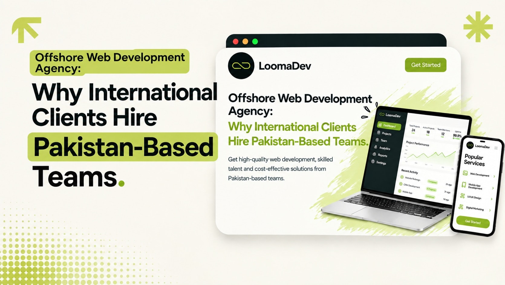 Illustration showing why international clients hire an offshore, Pakistan-based web development agency